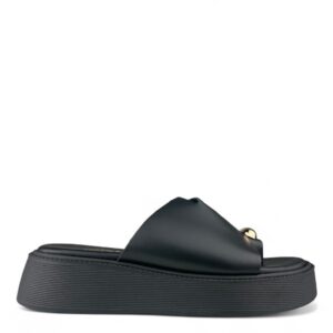 Δερμάτινα Flatform σανδάλια με μεταλλική λεπτομέρεια-Μαύρο